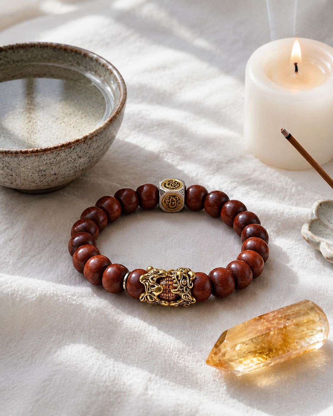 Pixiu bracelet activation ritual with incense and citrine